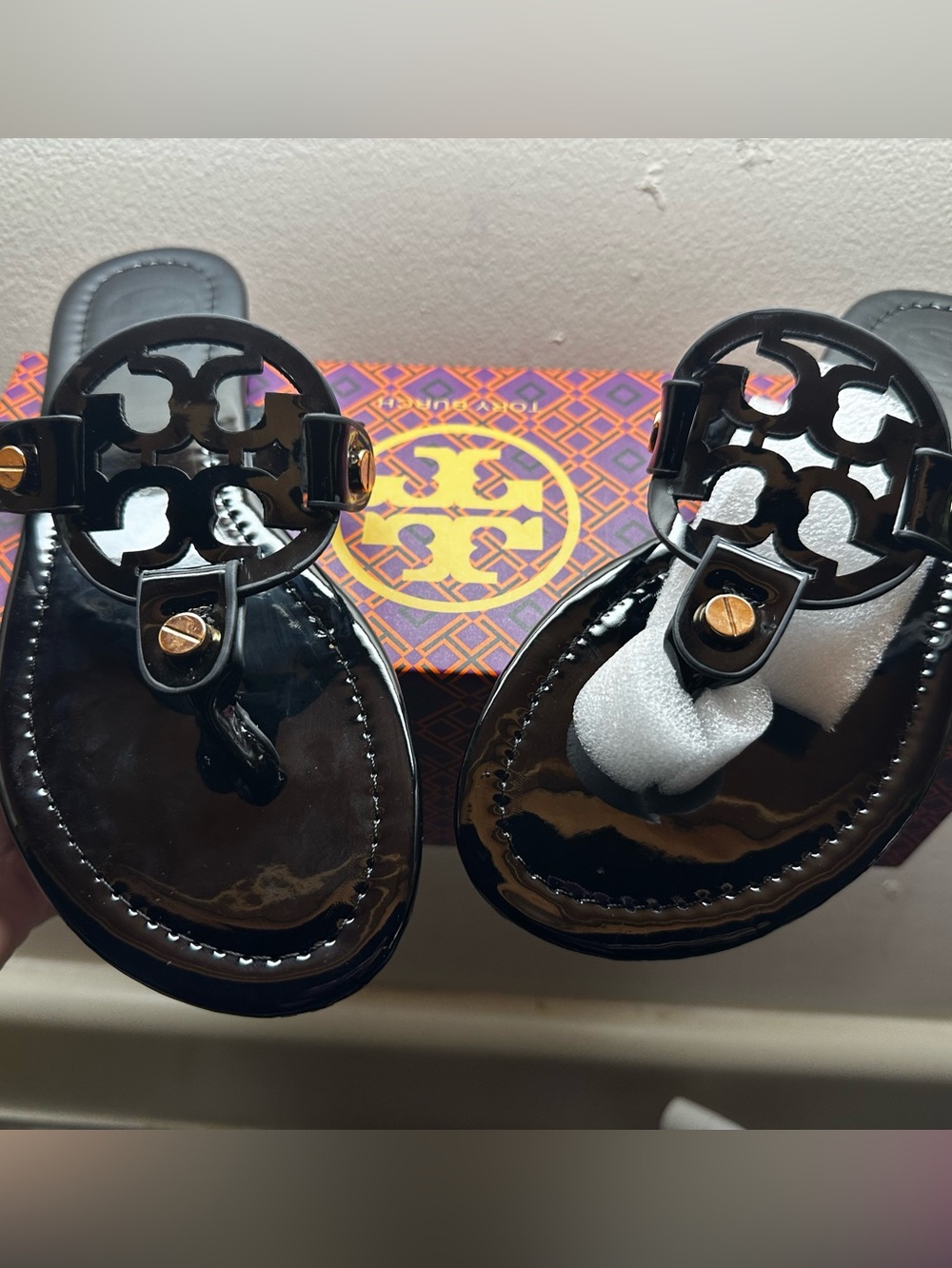 Tory Burch Girls Black Patent Logo Thong Sandals with Gold Accent
